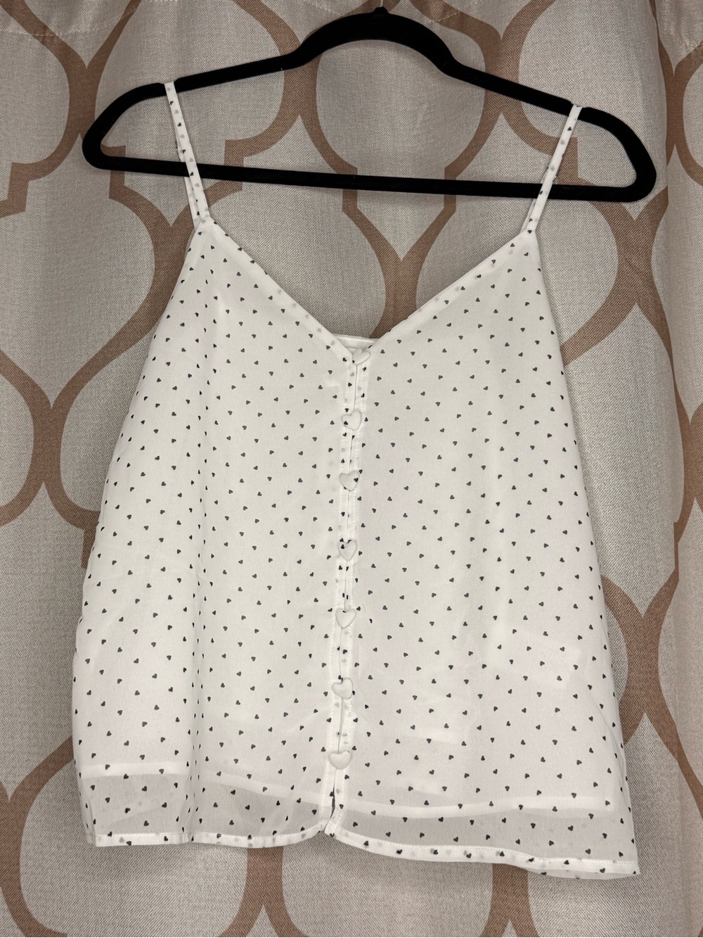 White Cami with Tiny Black Heart Print and Heart Buttons NWOT